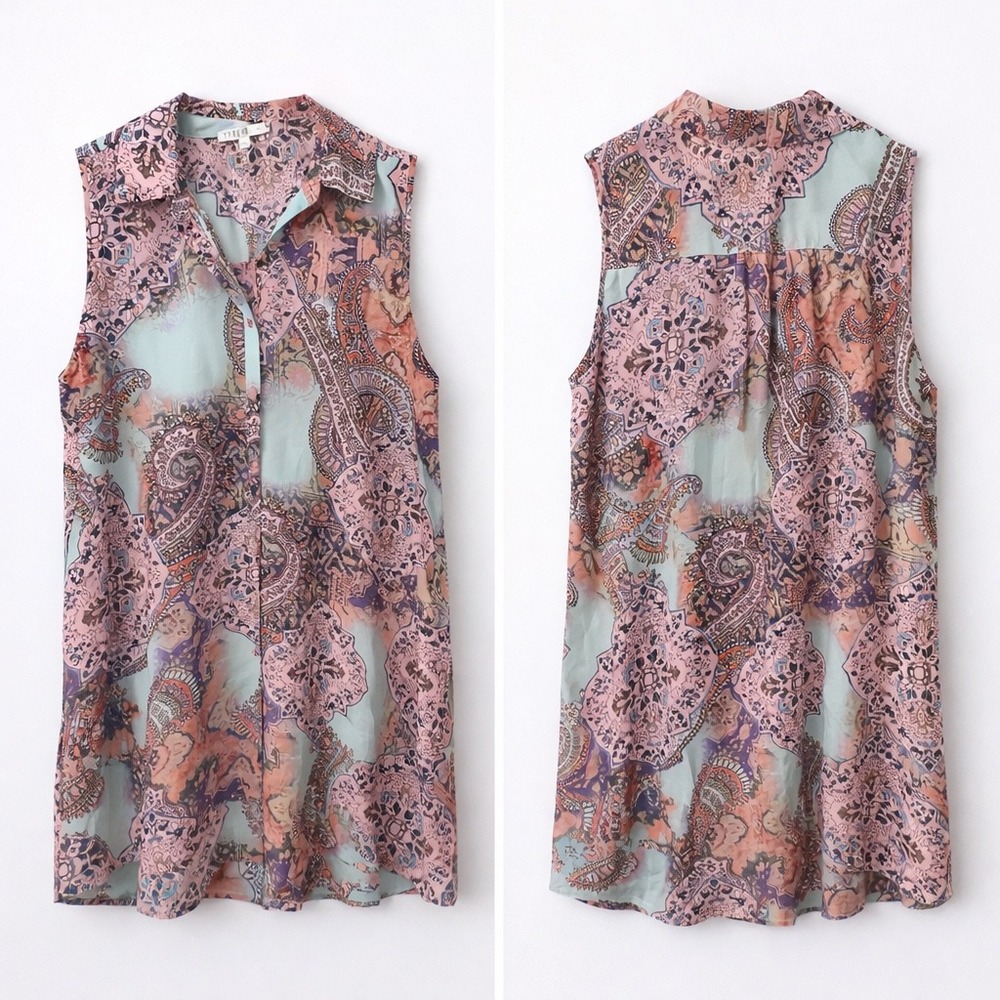 Spense Woman 1X Sleeveless‎ Paisley Print Tunic Top Pink Blue Button Up RN 73163